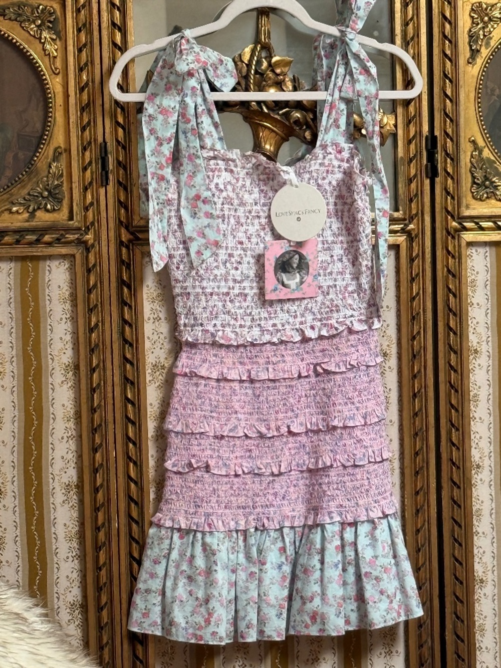 NWT LoveShackFancy x Target Adeline Cotton Smocked Ruffle Tie Floral Dress XS